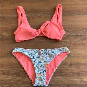 Knot plant print coral bikini